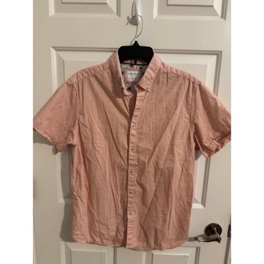 Denim & Flower Men's 100% Cotton Short Sleeve Button UP Shirt Pink L